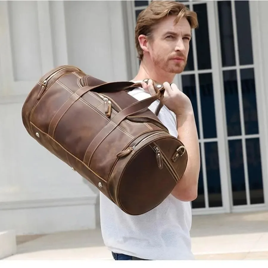 Round Vintage Leather Weekender Bag Classic Travel Duffel Handmade Genuine Leather TravelAccessory