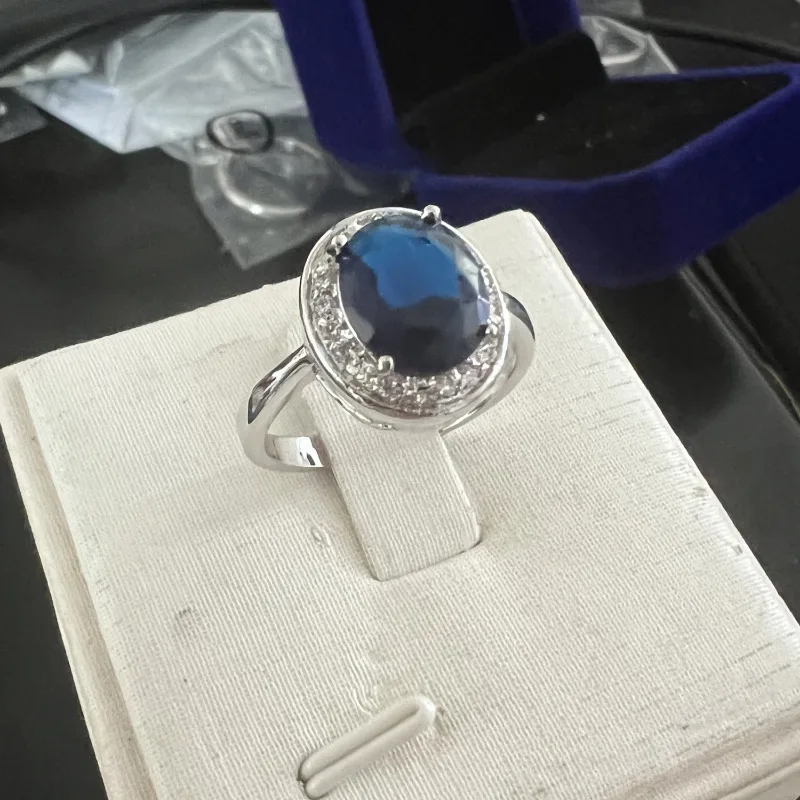 

Princess Diana Lab Sapphire Diamond Promise Ring Wedding Band Rings for Women Bridal Engagement Party Jewelry