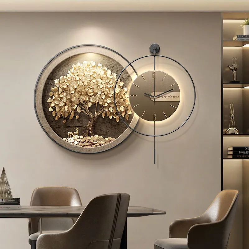 2026 New Living Room Wall Clock Decoration Painting, Light Luxury Advanced Sense Round Wall Clock Light Luxury Modern Decor