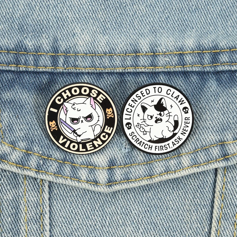 I Choose Violence Enamel Pins Cartoon Fluffy Black White Cats Brooches Lapel Badge Cool Kitten Jewelry Gift for Friends