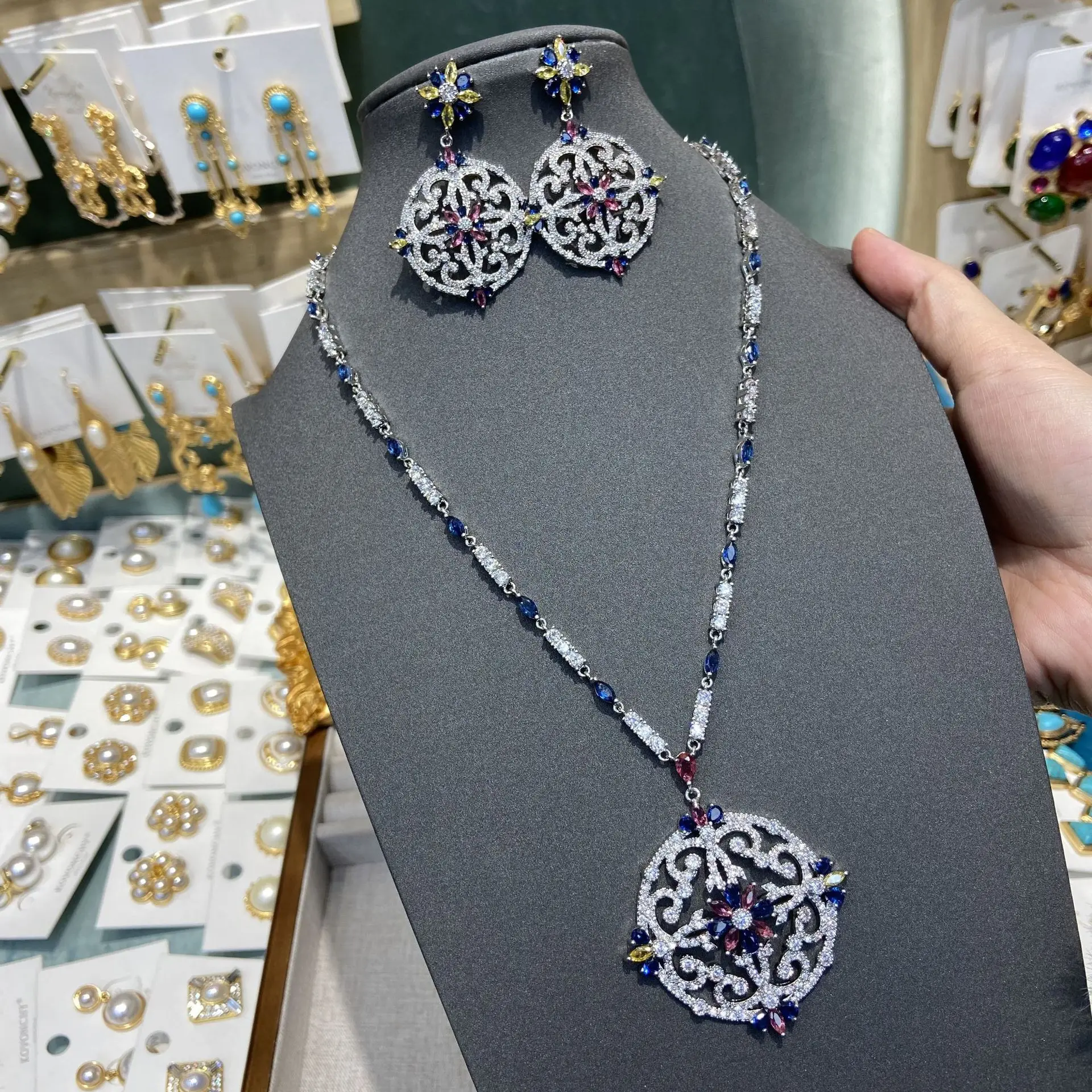 

Women's Zircon Necklace Earrings Collar Chain Bridal Wedding Dress Jewelry