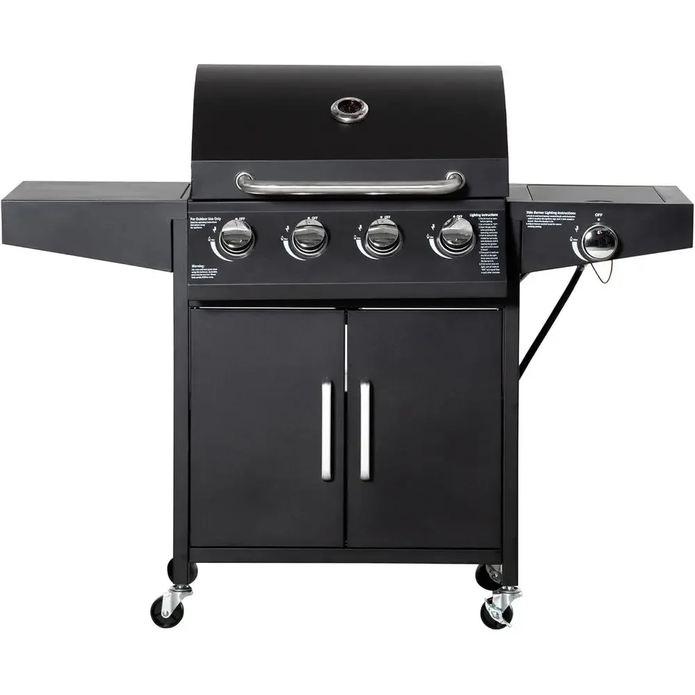 4-Burner Propane Gas Grill with Side Burner - 48,000 BTU Outdoor BBQ Grill featuring Cabinet, Shelves, Warming Rack, Thermometer