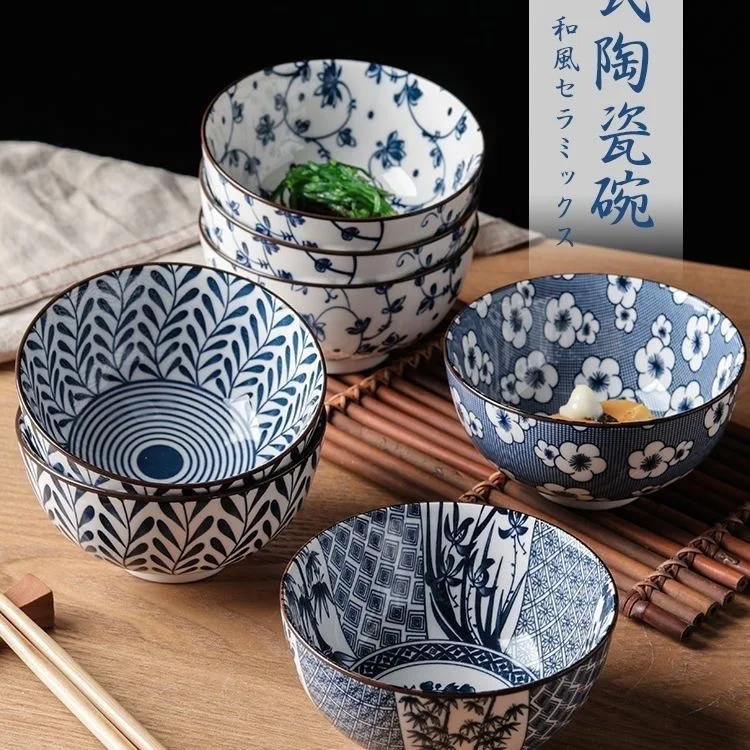 

4 шт./компл., керамическая миска в стиле ретро, бытовая миска для рисовой лапши, креативная сине-белая фарфоровая миска для супа, набор подглазурной посуды