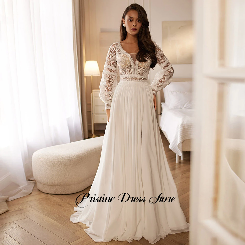 Classic Plus Size Chiffon Wedding Dress Customized V-Neck Corset Lace Long Sleeves Lace Up Back Sweep Train Bridal Gowns