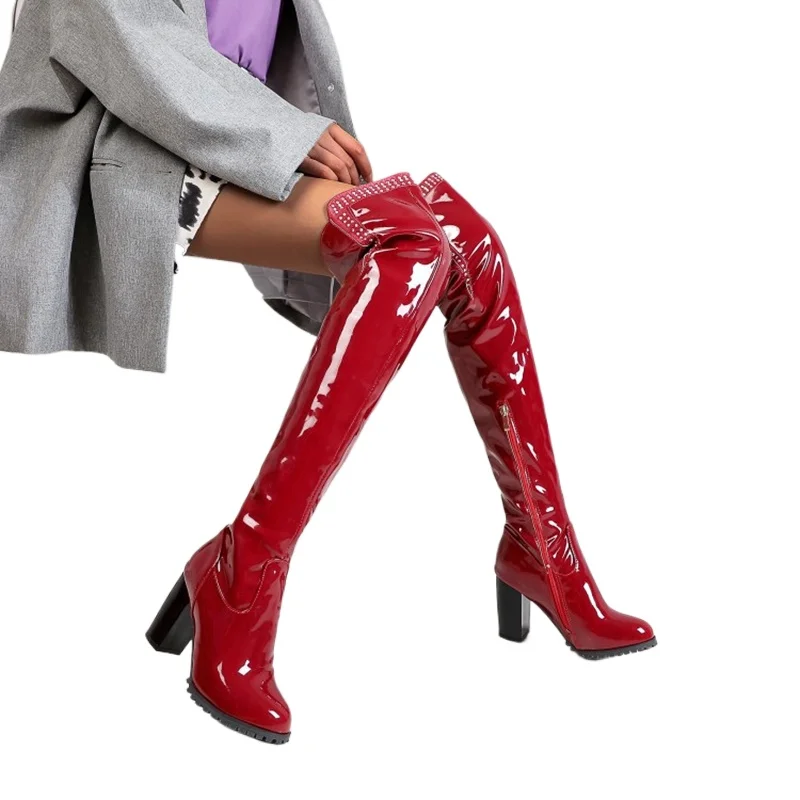 

Высокие сапоги до бедра, модные сапоги выше колена на массивном высоком каблуке с круглым носком и молнией, женская обувь черного цвета T703-8