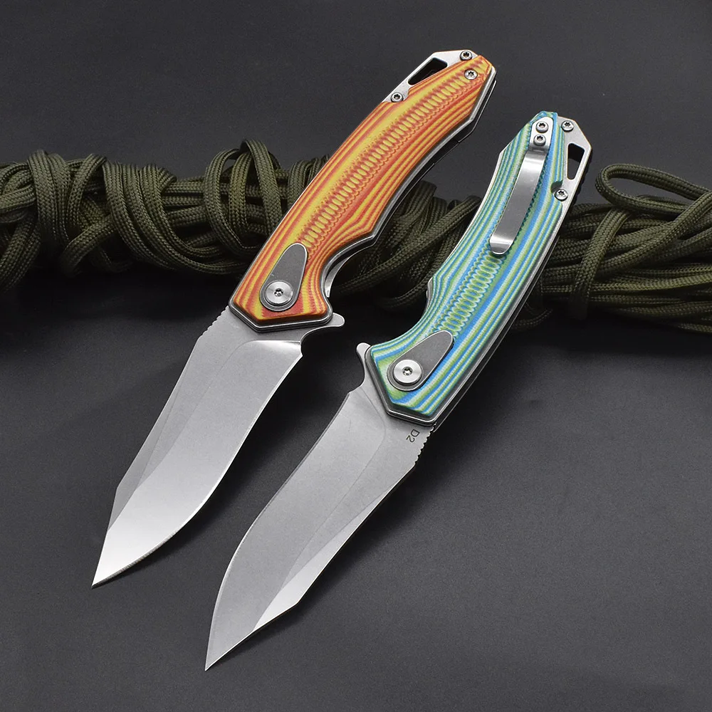 

D2 steel folding knives With back clip outdoor tool knives camping portable handmade knives fishbone pattern G10 handle