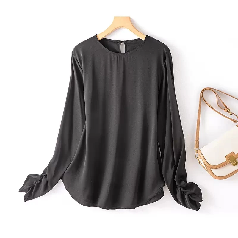 BirdTree, 93% Silk 7%Spandex, Women Solid Lantern Sleeve T-Shirts, Elegant Fashion Tee, 2024 Spring Summer New Top T43280QM image 4