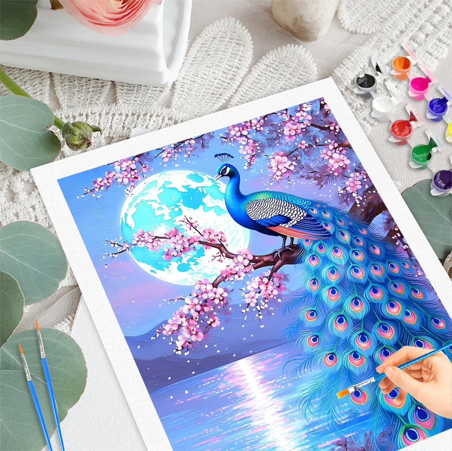 RUOPOTY Paint By Numbers On canvas Under The Moon Blue Peacock DIY Color by Number for Beginner Animal Acrylic Painting on Canva