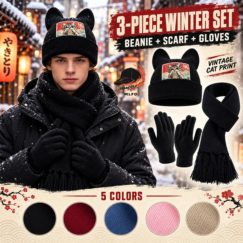 3PC Cat Ear Beanie Scarf Glove Set, Cat Ramen Vintage Print, For Daily Winter Use, Holiday Gift & Casual Outdoor