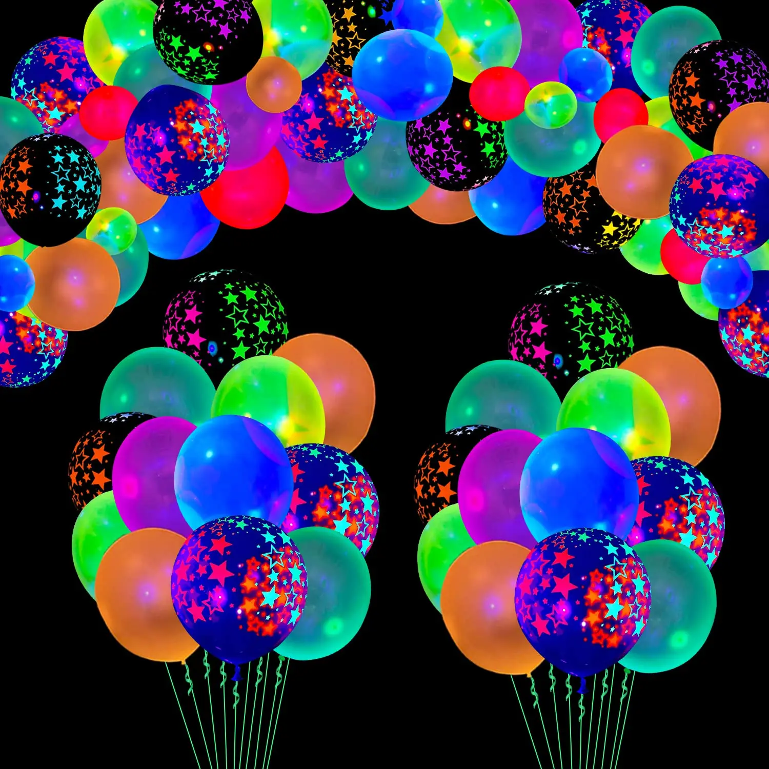 

90Pcs 10/12 Inch UV Neon Balloon Glow in The Dark Blacklight Reactive Fluorescent Stars Latex Balloons Birthday Party Supplies