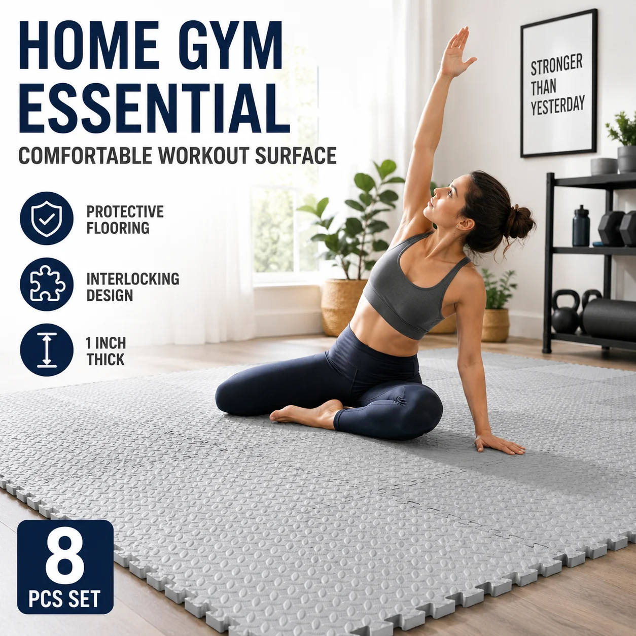1-Inch Thick EVA Foam Interlocking Gym Mats, Heavy Duty Puzzle Floor Mat for Home Gym Fitness, 8Pcs