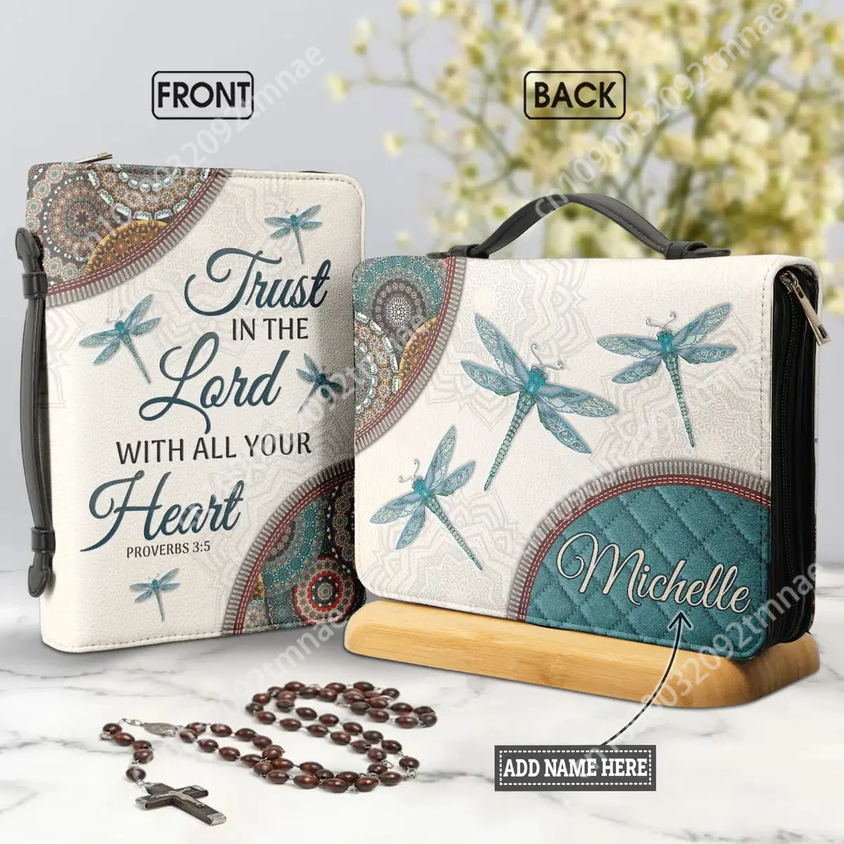 

Verse Printed Leather Cover Case Women's Bible Bag Verse Bag Dragonfly Design Lightweight Church Bible Storage Custom