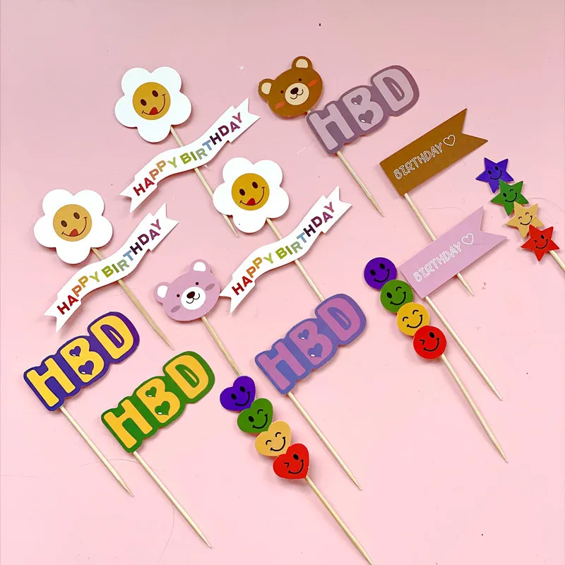 

10pcs Bear Smiley Face Star Flowers Cherry Birthday Cake Card Insert Paper Plugin for Cake Decoration Use with