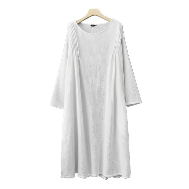 

Large Size Casual Women Spring Long Dress New Fashion Autumn Loose Cotton Linen Dress Solid Party Vestidos Elegant O-Neck Dress