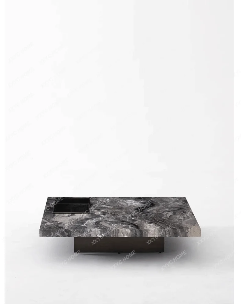 A  Italian minimalist Venetian brown natural marble square coffee table living room stainless steel brushed base