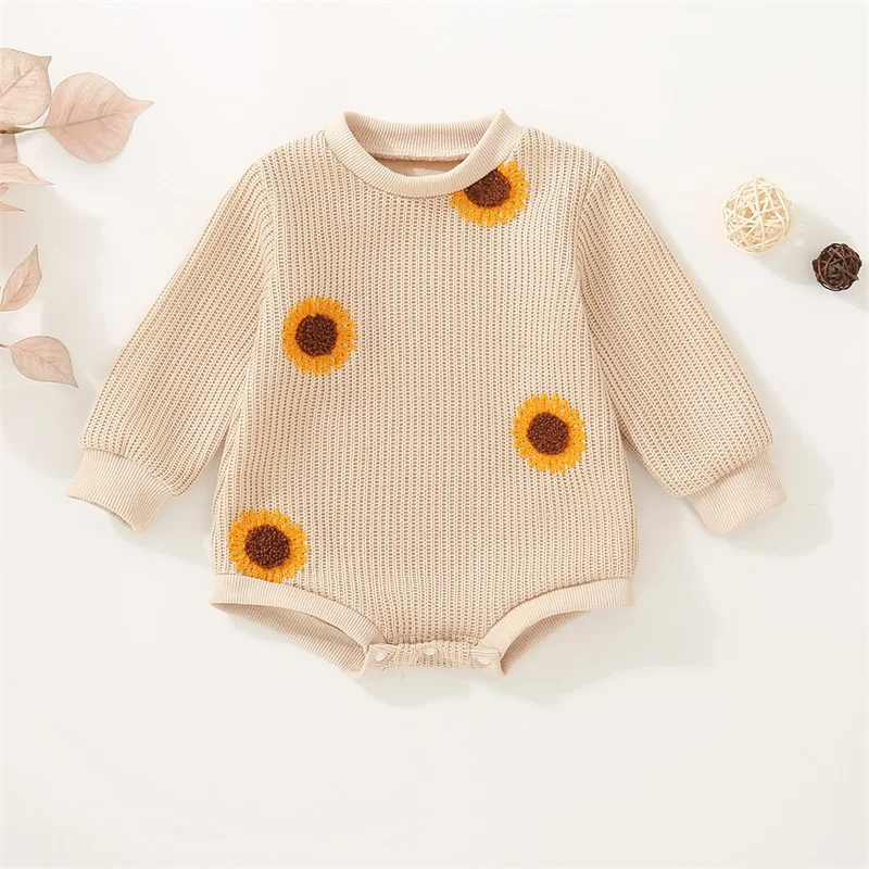 Infant Girl Floral Print Knitted Romper with Long Sleeves and Round Neckline Adorable Sunflower Embroidery Detail