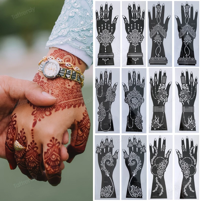 2Pcs India Mehndi Hand Henna Tattoo Stencils Reusable Painting Stencil Art Temporary Tattoo Template Sleeve Wedding Bride Beauty