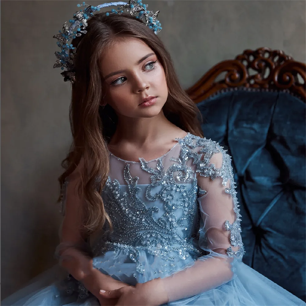 Blue Tulle Flower Girl Dress Wedding Birthday Full Sleeves Tulle Beaded Princess Kids First Communion Party Dresses Ball Gowns