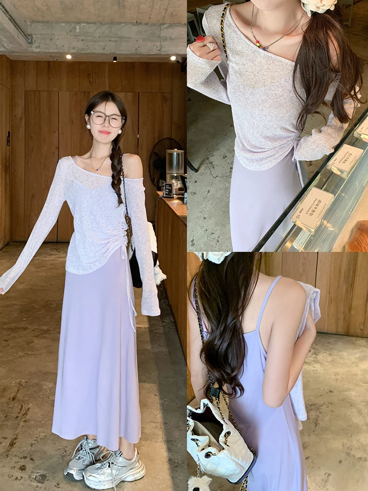 

Zeng Xiao Salted Purple Strapl Dr Тонкая солнцезащитная накидка из двух предметов Женский летний новый повседневный молодежный комплект