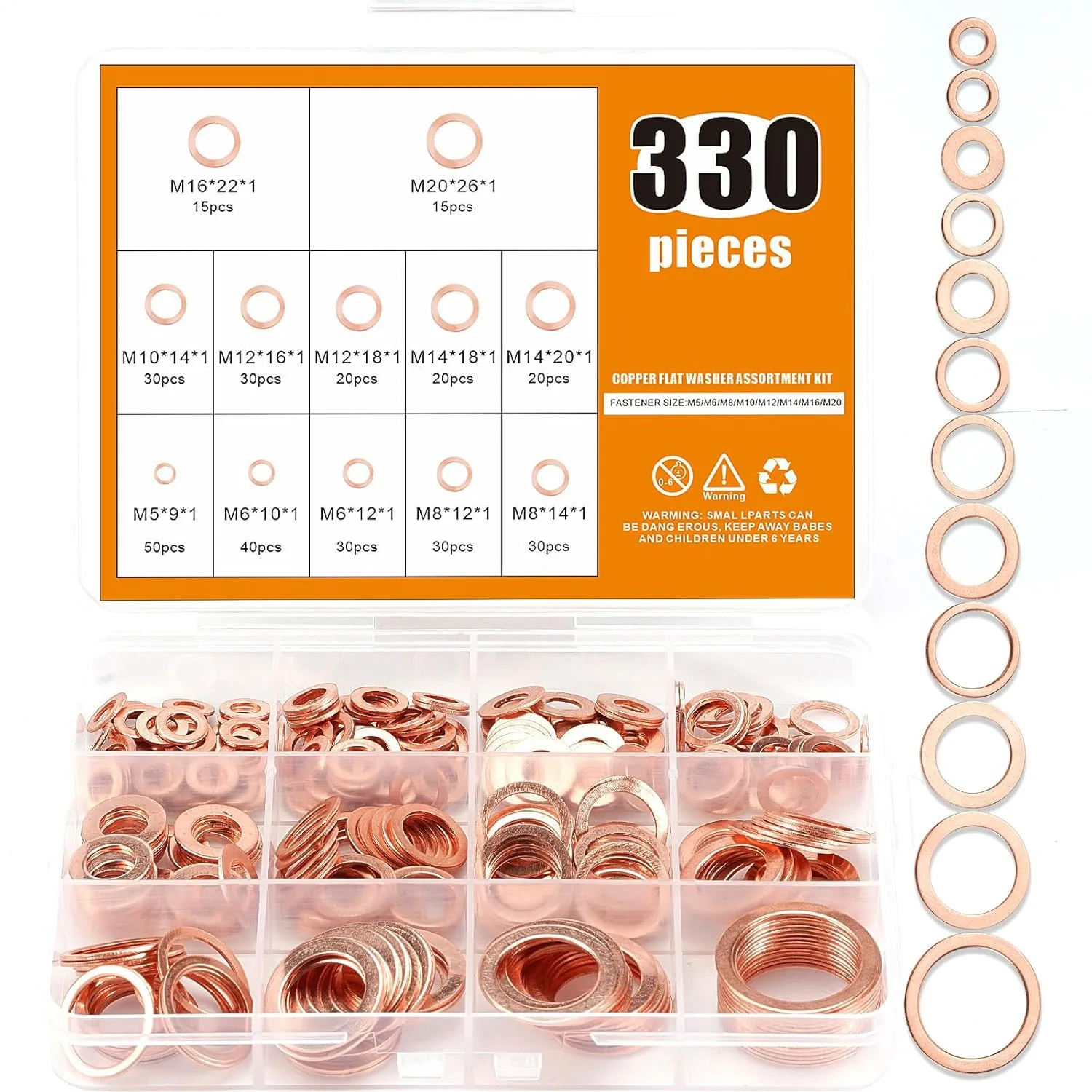 

330pcs Metric Flat Copper Washers Set, Copper ring Washers Gasket Sealing spacer Assortment Kit,M5M6/M8-M20 for drain oil plug