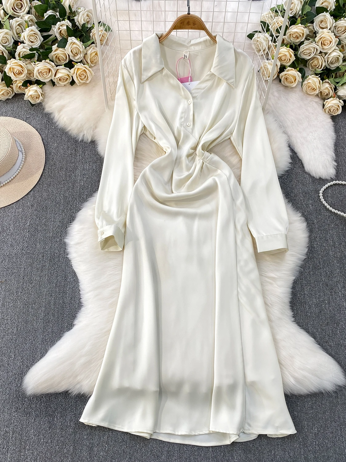 تنورة Ele V-ne طويلة على شكل حرف a Dr للسيدات بخصر عالٍ من قماش الساتان للتخسيس للخريف والشتاء Faion French Sle #1