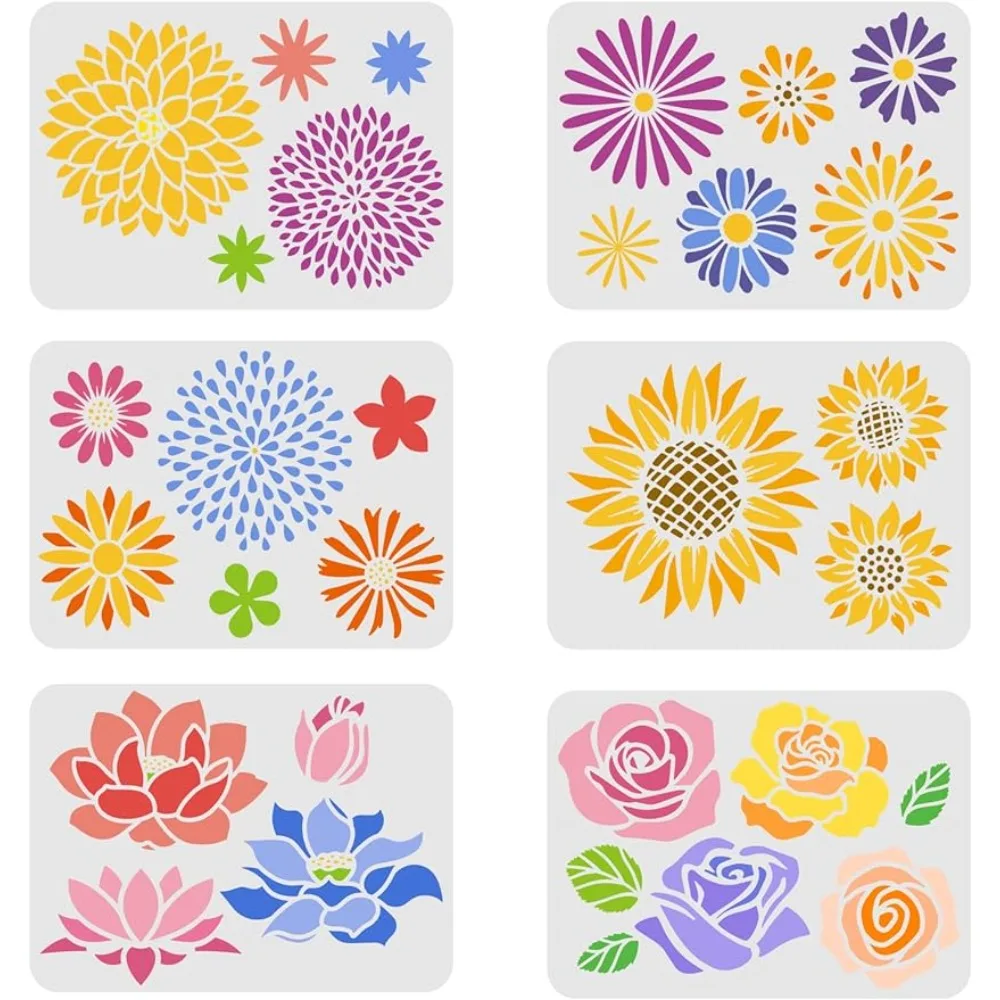 6 PCS Flower Stencils Template 11.7x8.3 inch Plastic Lotus Sunflower Rose Drawing Painting Stencils Daisy Chrysanthemum Pattern