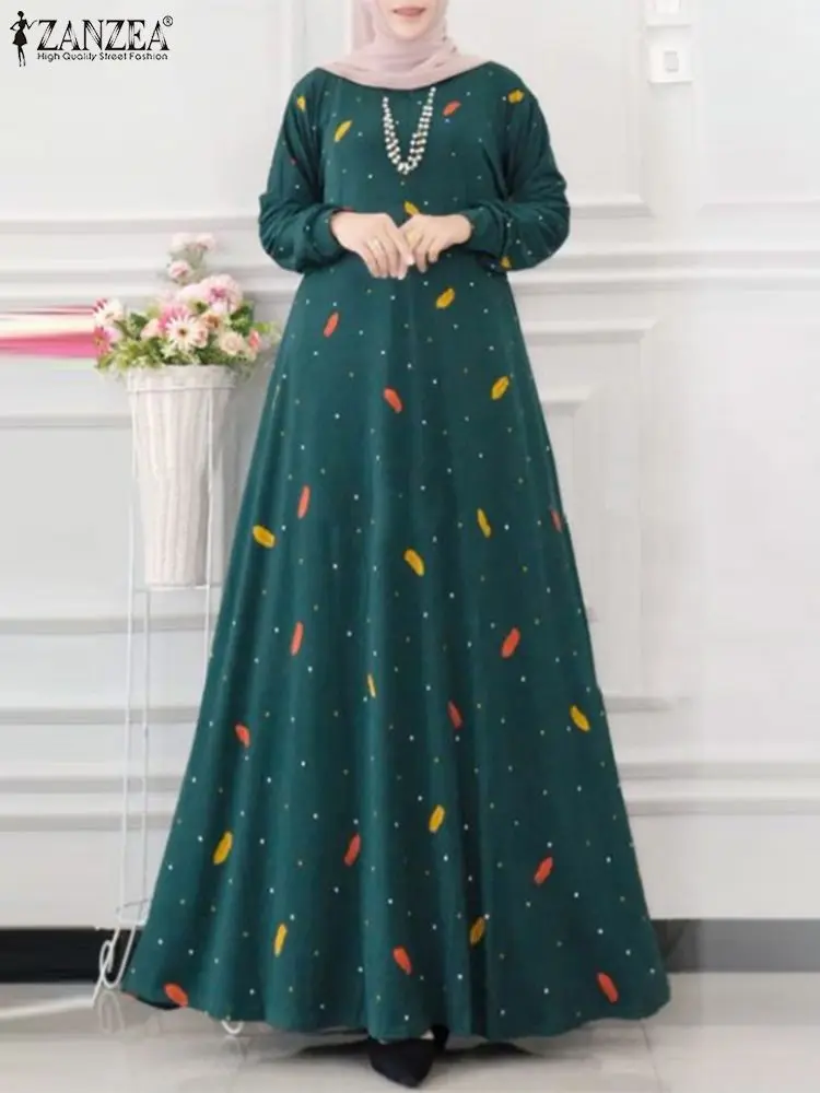 ZANZEA Elegant Maxi Dresses Muslim Abaya Ramadan Sundress Women Long Sleeve Floral Print Vestido Fashion Robe Islamic Clothing