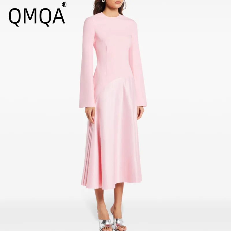 QMQA Fashion Women's Evening Dress O Neck Long Sleeve High Waist Spliced Folds Elegant Midi Dresses Female New Clothing 1A913