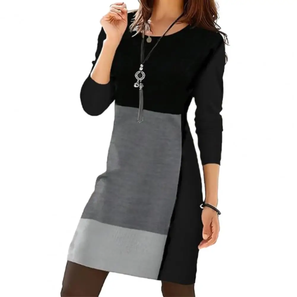 Vintage Women Dress Loose Color Matching Geometric Round Neck Long Sleeve Pullover Spring Mini Dress