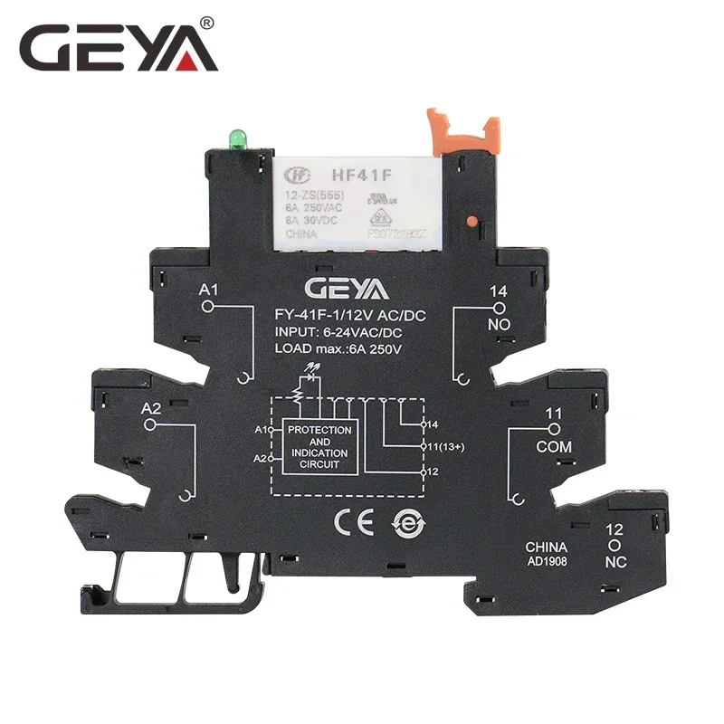 5PCS GEYA Slim Relay Module Protection Circuit 6A Relay 12VDC/AC or 24VDC/AC or 230VAC Relay Socket 6.2mm thickness 48V 110V