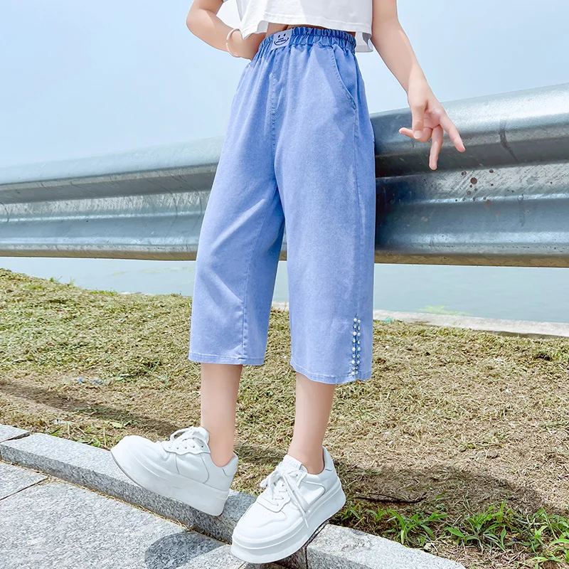 Lightweight Children Summer Loose Straight 7/8 Length Jeans Shorts with Pearl for Girls New Fashion Capris Denim Shorts Pants