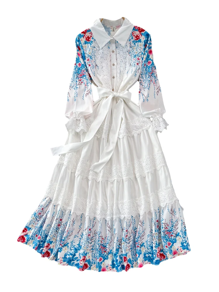 Retro Court Sle Lantern Long Sve Collared Waist Cinched Slim A-Line Lace Patchwork irt Dr Ele Midi Skirt