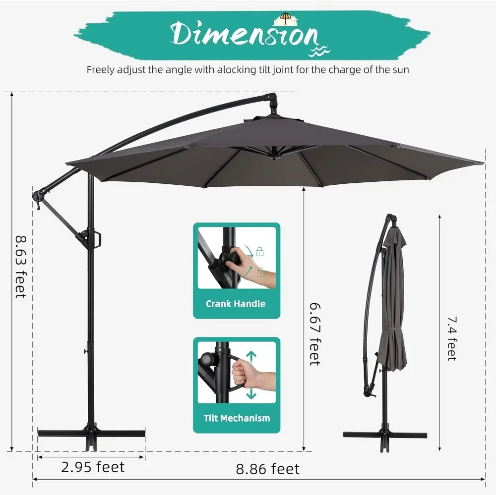 Parasol offsetowy Patio z łatwą regulacją nachylenia, korbą i poprzeczną podstawą, wiszący parasol wspornikowy na zewnątrz z 8 żebrami, 95% UV