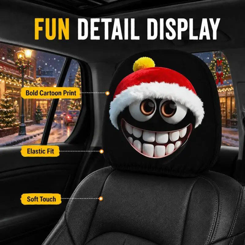 Christmas Car Headrest Covers, Double-Sided Funny Santa Smiley Seat Decor, Holiday Car Interior Accessories