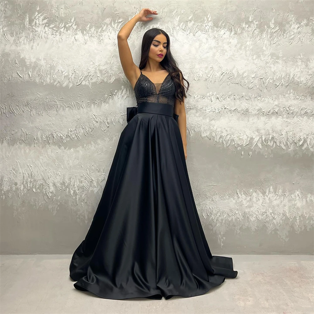 

Elegant Glitter Formal Evening Dresses Spaghetti Straps A-Line Floor Length V-Neck Prom Dress Backless Pageant Party Gowns 2023