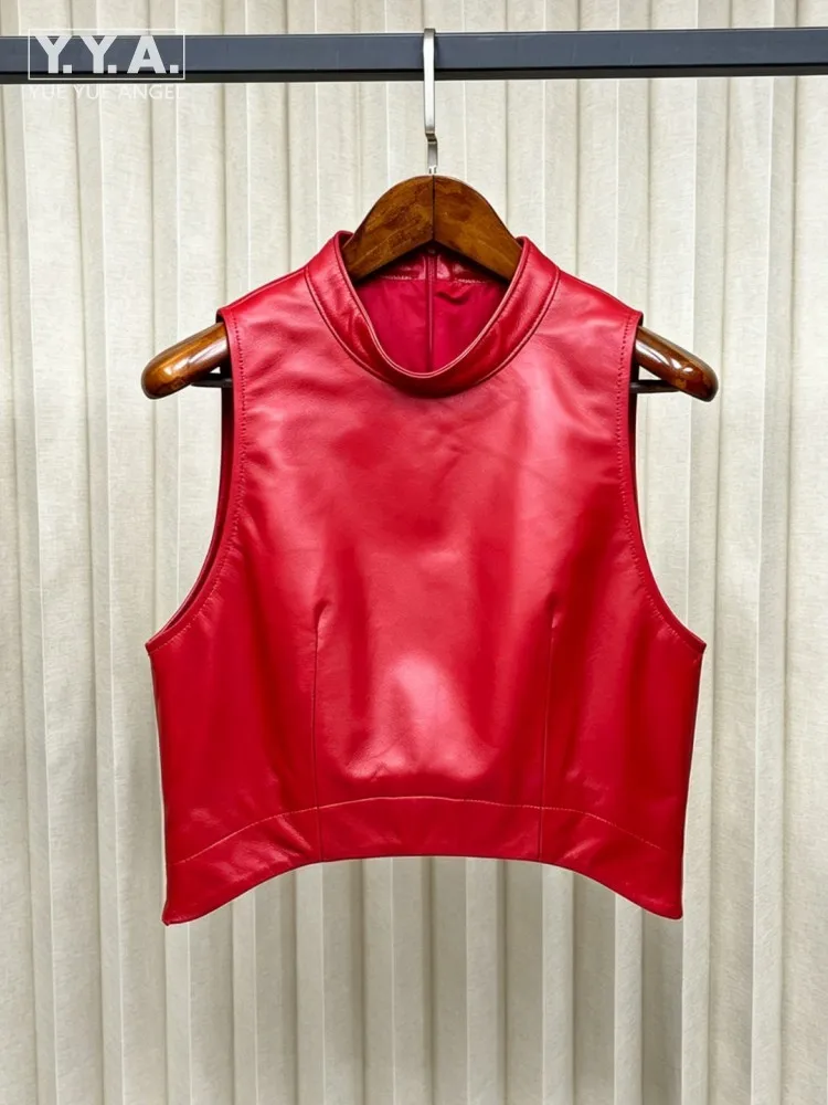 Women Streetwear Fashion Sheepskin Stand Collar Genuine Leather Vest Top Sleeveless Pullover Waistcoat Casual Loose Fit Vests