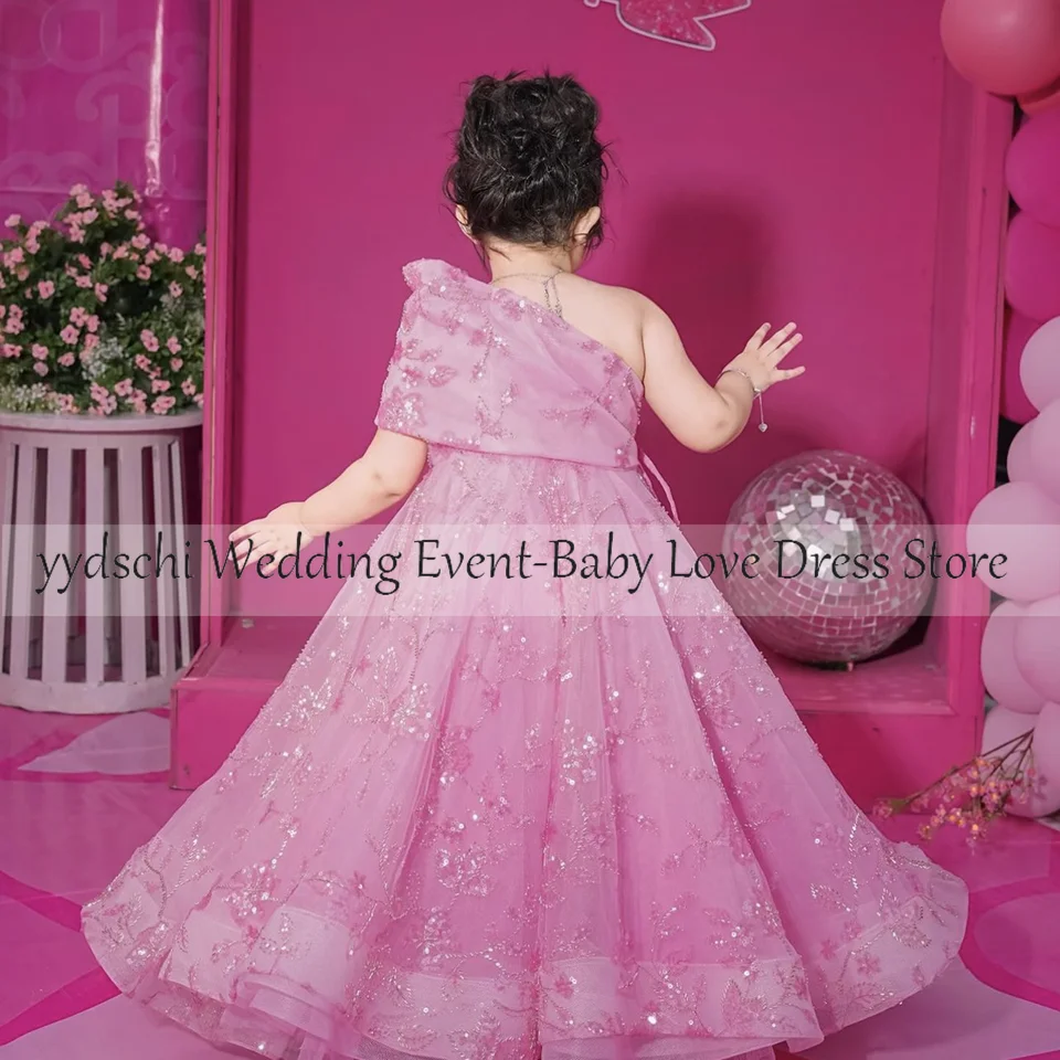 Customized Stain Pink Flower Girl Dress Simple O-Neck 2024 Beading Corset Ball Gown Birthday Formal Party Gown Robes De Soirée