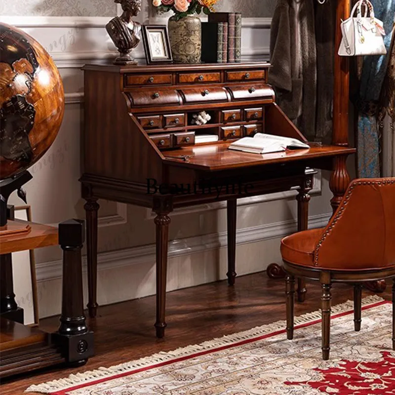 American retro secret desk flip multi-functional dresser solid wood, study multi-drawer storage desk