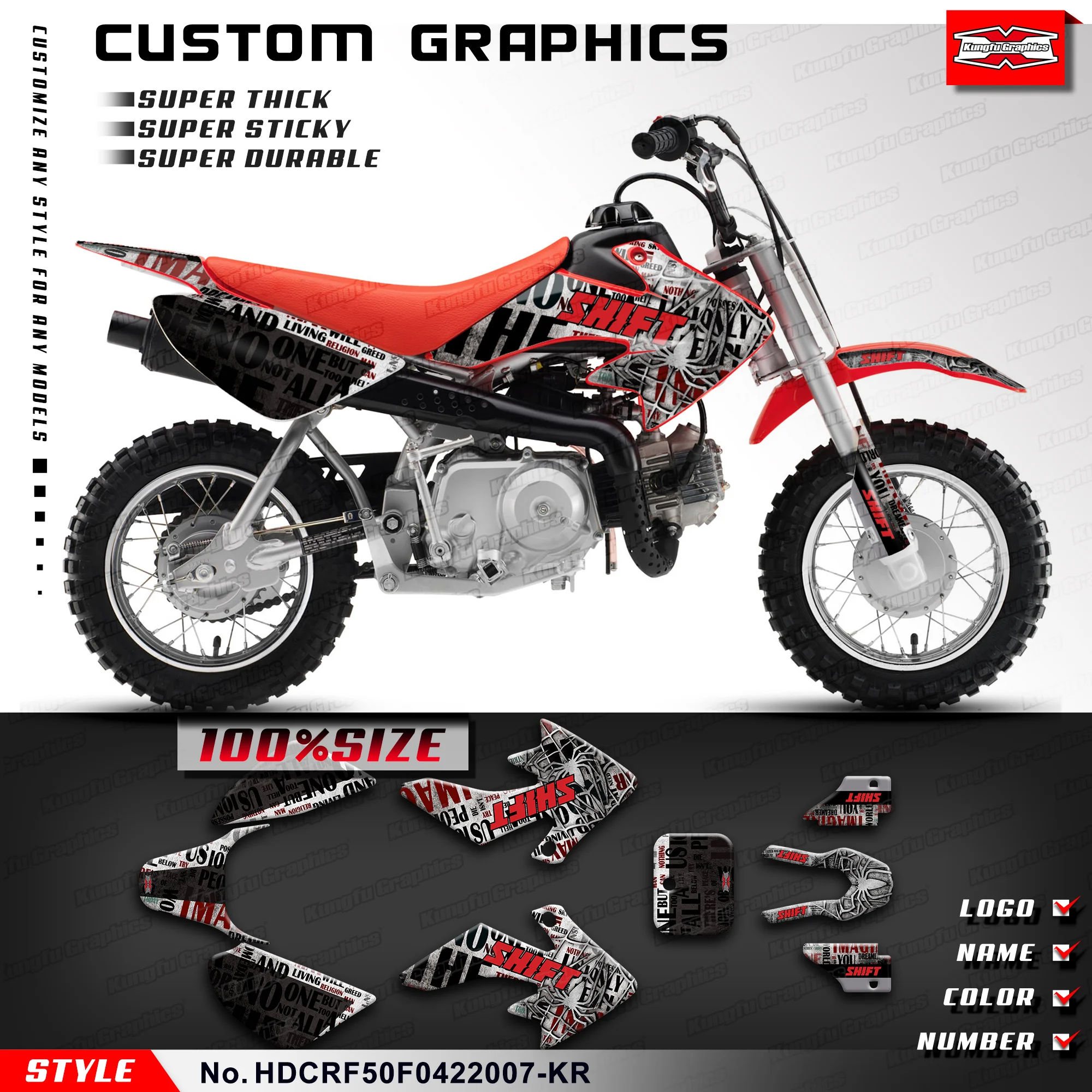 KUNGFU GRAPHICS Dirtbike Graphics Stickers Complete for Honda CRF 50F CRF50 F 2004-2023, Accessories, HDCRF50F0422007-KR