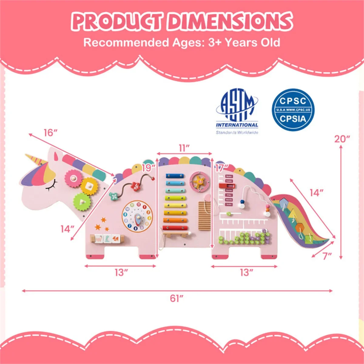 11-in-1 Dinosaur Activity Wall Busy Board Panels-- Wooden Sensory Toy-Pink