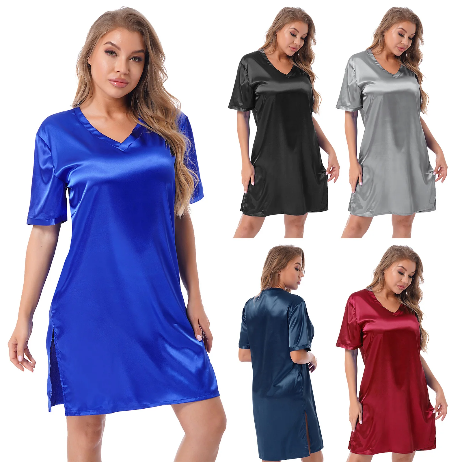 

Womens Satin Nightgown Pajamas Summer V Neck Short Sleeve Sides Split Sleep Dress Solid Color Sleepwear Loungewear Nightwear