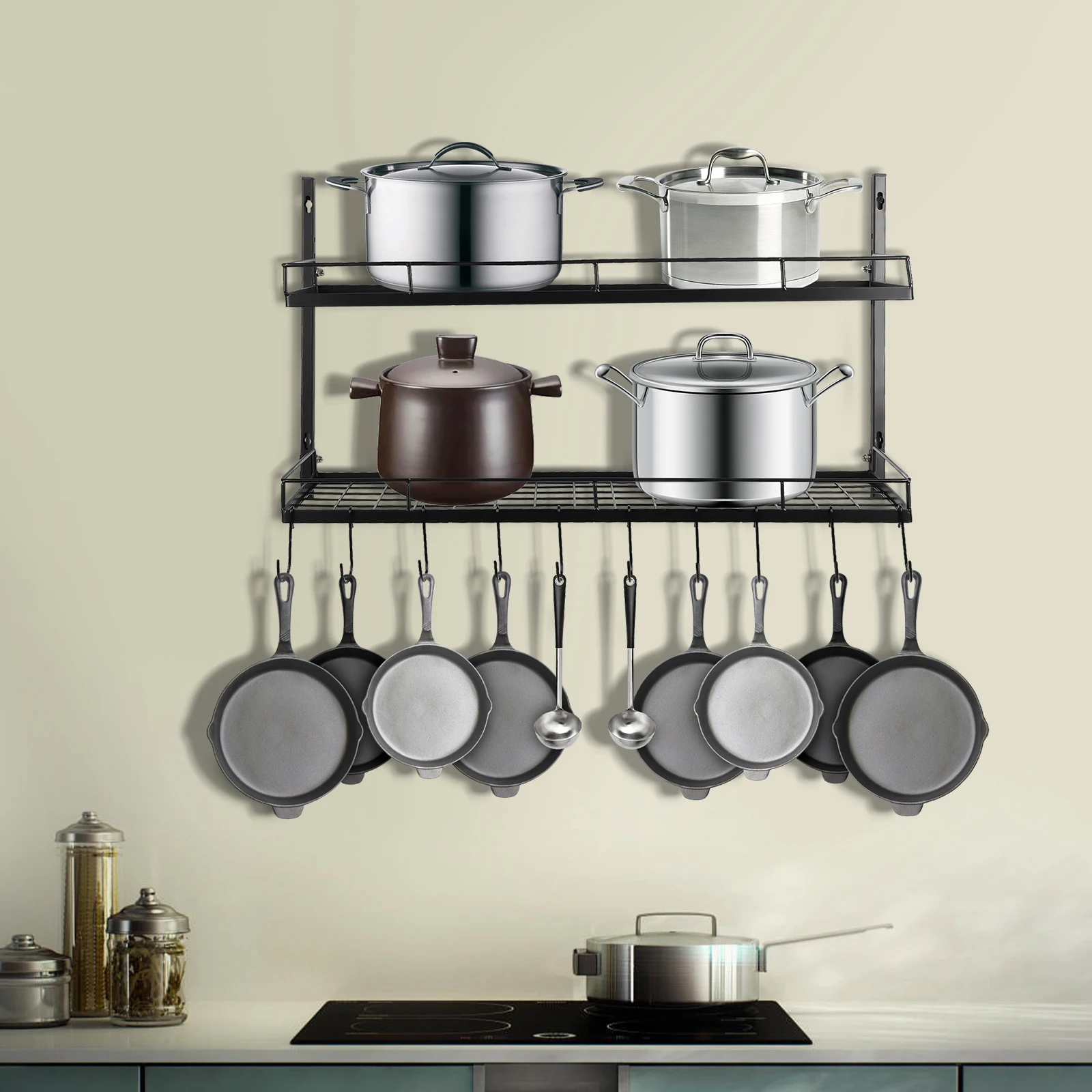 Imagem -03 - Wall Montado Pendurado Pot Rack Cozinha Pan e Pot Hanger Rack de Armazenamento Tiers 10 Ganchos