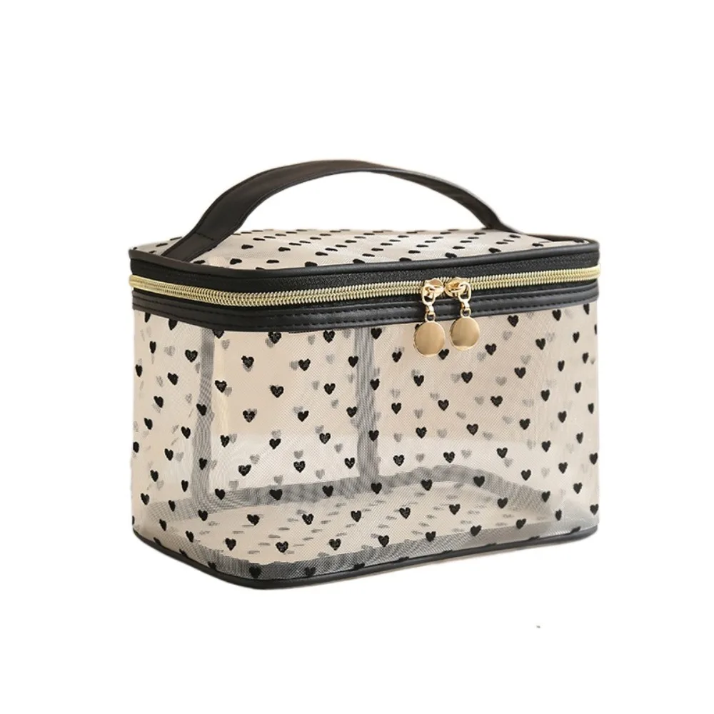 

Double/Single Layer Mesh Love Makeup Bag Large Capacity Black Heart Printed Cosmetics Organizer Convenient To Carry Zipper