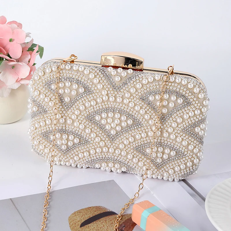 

Luxury Elegant Pearl Rhinestone Clutch for Women with Detachable Chain Handmade Bead Evening Wedding Banquet Cheongsam Handbag