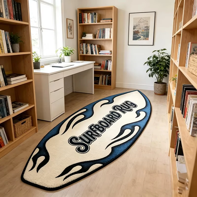 VIKAMA Surfboard Shaped Rug Flame Letter Print Irregular Plush Floor Mat Bedroom Living Room Home Decoration