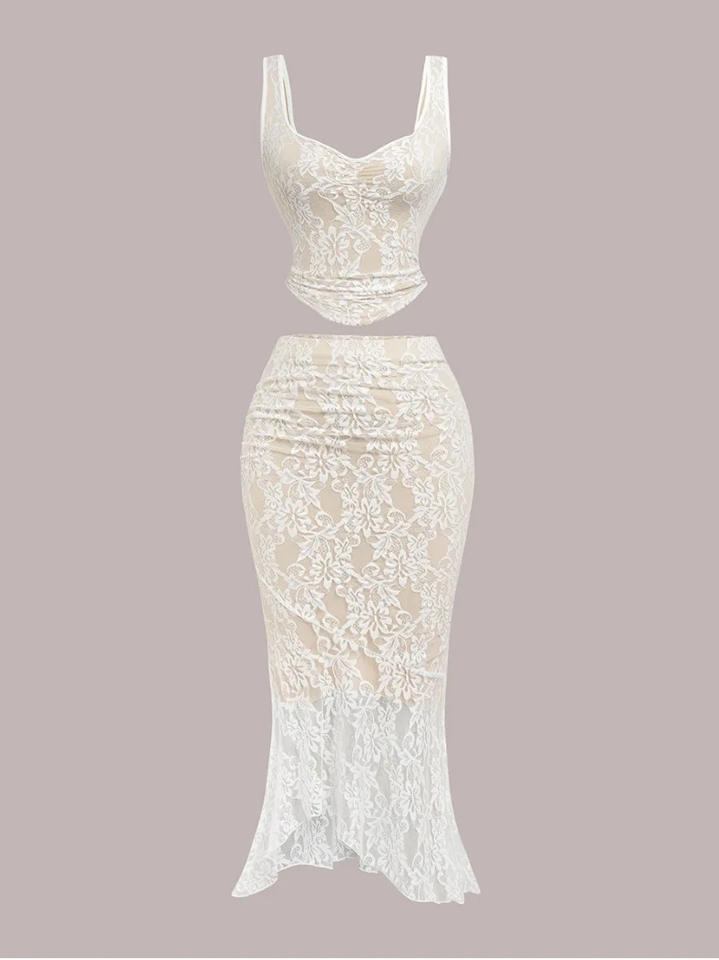 Women Lace 2-Piece Set Lapel Crop Top High Waist Midi Mermaid Skirt Asymmetrical Hem Elegant Bridal Formal Evening Party Outfit
