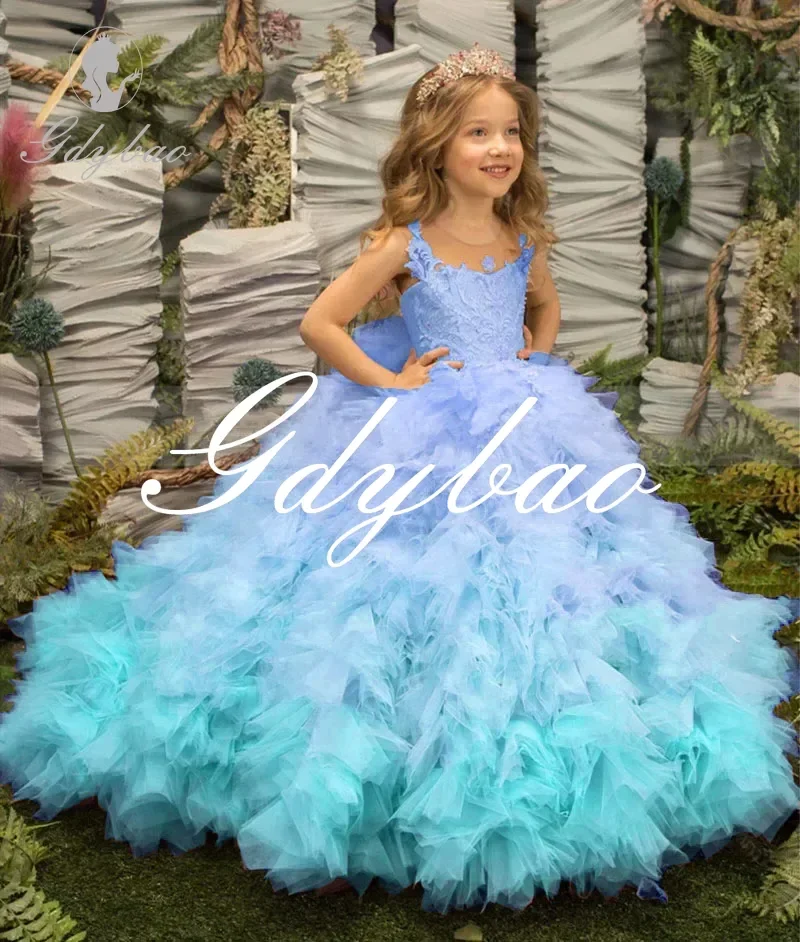 

Cute Lace Wedding Flower Girl Dresses Custom Gradient Tulle Little Girls Princess Dress Sleeveless Kids Birthday Party Gowns
