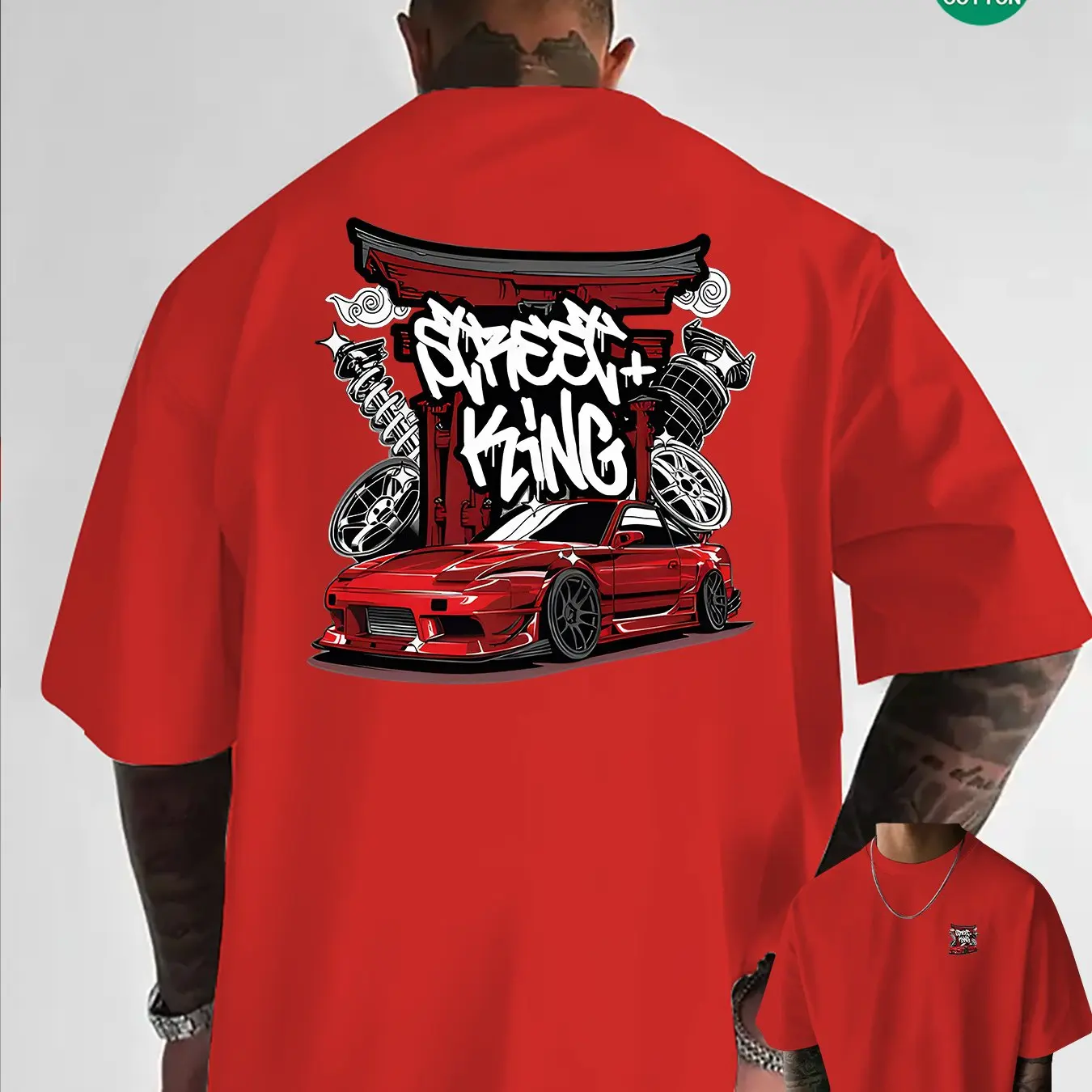 Japanischer Streetstyle für Herren: Speed ​ ​ King JDM Car Graphic T-Shirt, 100 % Baumwolle, Sommer-Graffiti-T-Shirt, lässiges Outdoor-Oberteil – Detail 6