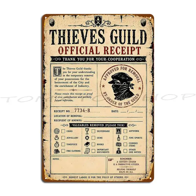 Thieves Guild Official Receipt Notice Metal Sign Garage Cinema Party Decoration Customized Tin Sign Poster