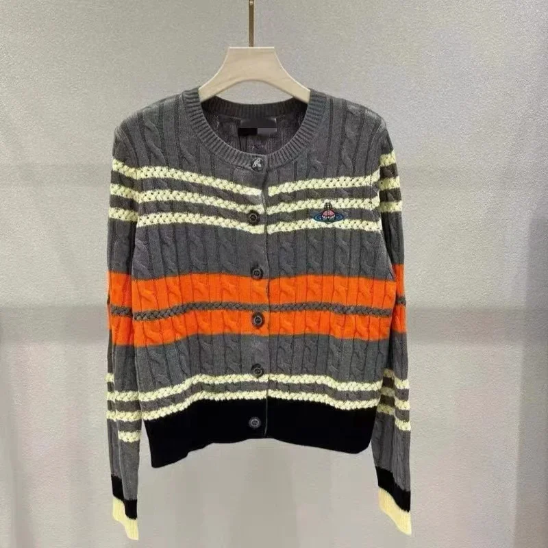 Autumn Winter Vintage Striped Patchwork Slim Thick Knitted Cardigan Women Fashion Embroidery O-neck Wool Warm Commute Sweaters